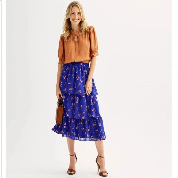 NEW Draper James RSVP Tiered Floral Ruffle Cobalt Blue Midi Skirt, Large - Picture 3 of 12